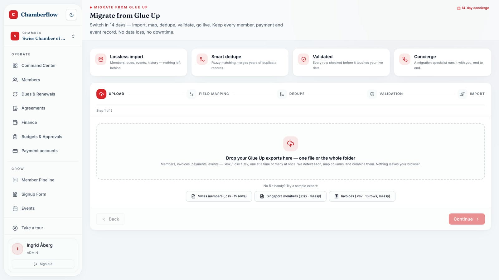 The migration wizard: upload, map, dedupe, validate, import